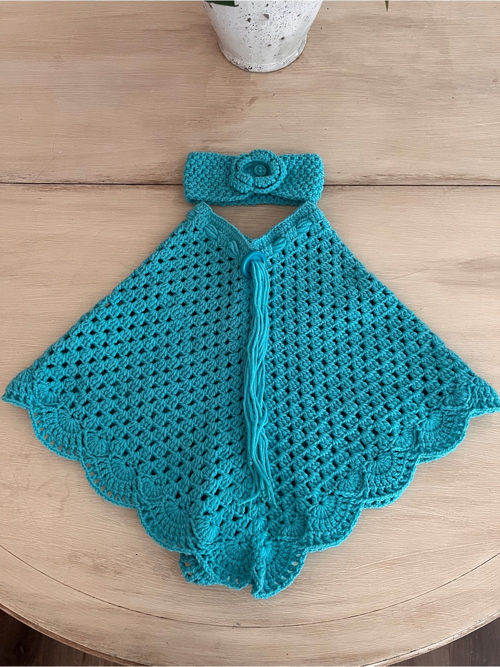 Handmade Teal Crochet Kids Poncho & Headband Set